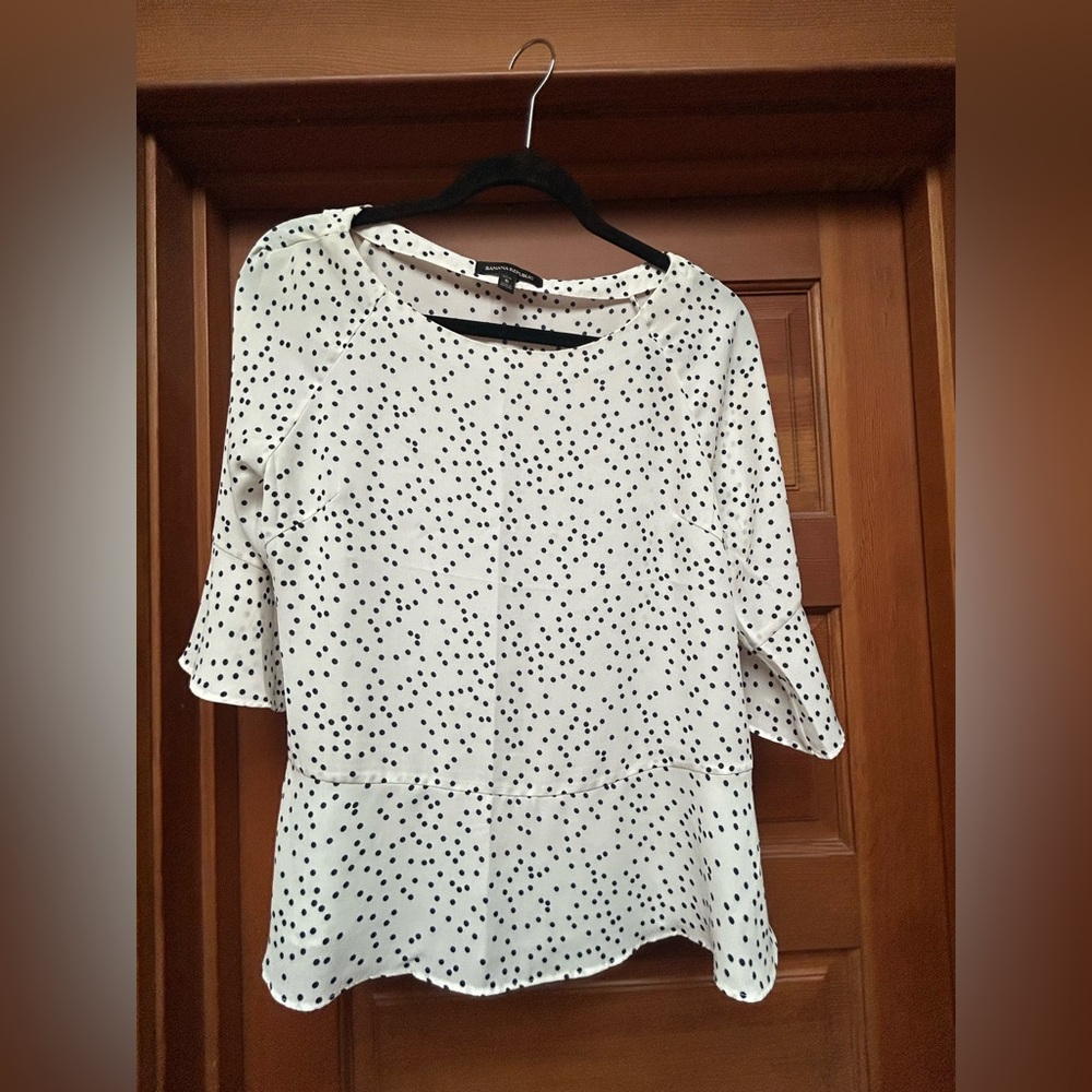 Banana Republic while blouse with black polka dots